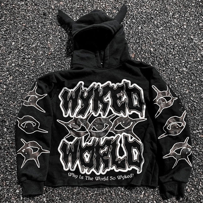 Y2K Chic Street Print Devil Horn Hoodie