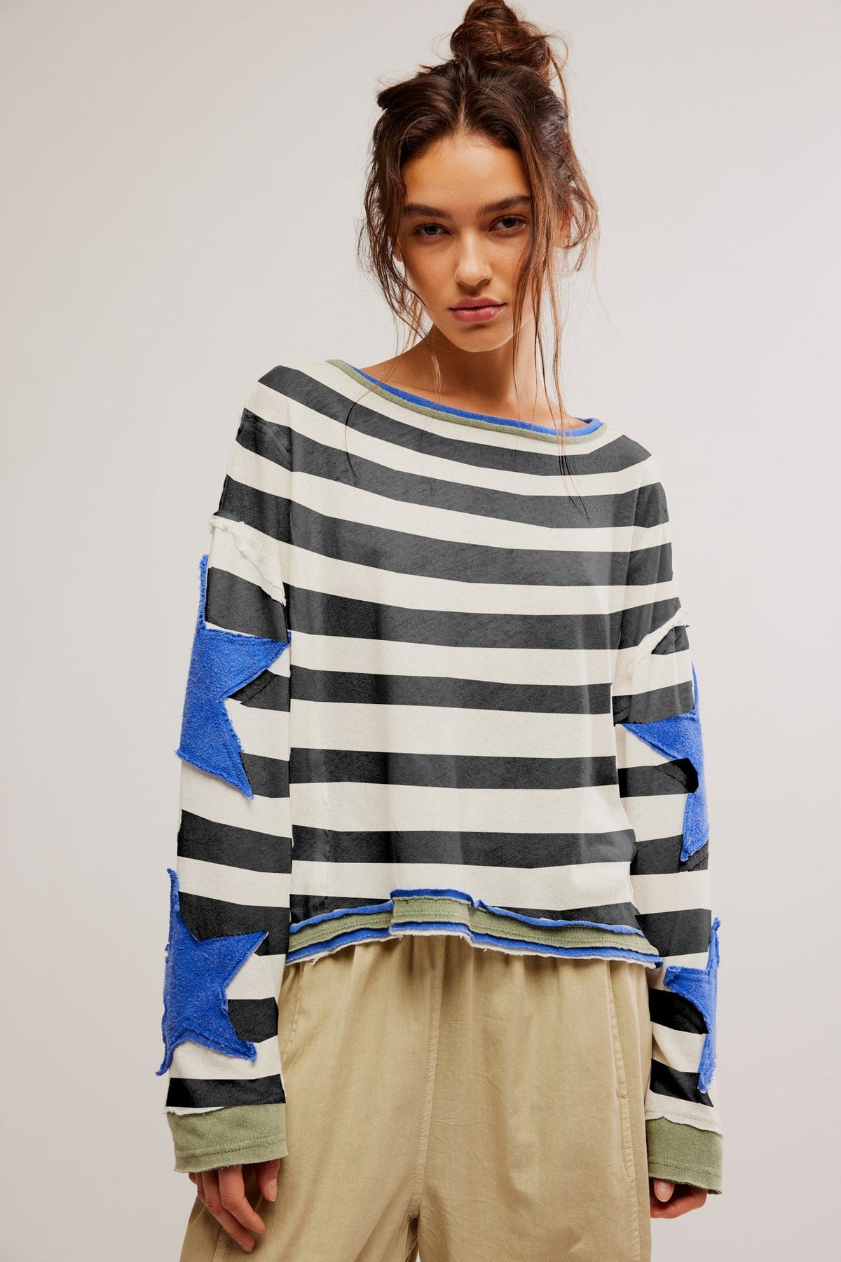 Star Sleeve Applique Stripe Sweatshirt