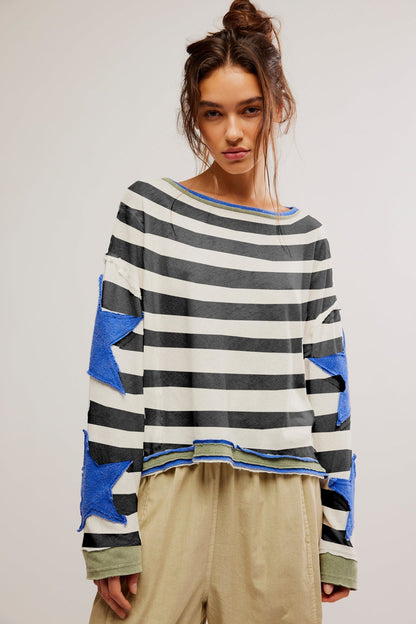 Star Sleeve Applique Stripe Sweatshirt