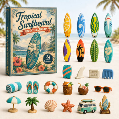 CHRISTMAS KICKOFF 40% OFF - Ocean Tropical Surfboard Advent Calendar 2026 - 24-Day Festive Countdown, Acrylic Charms Blind Box - Gift For Ocean Lovers AC0HA019