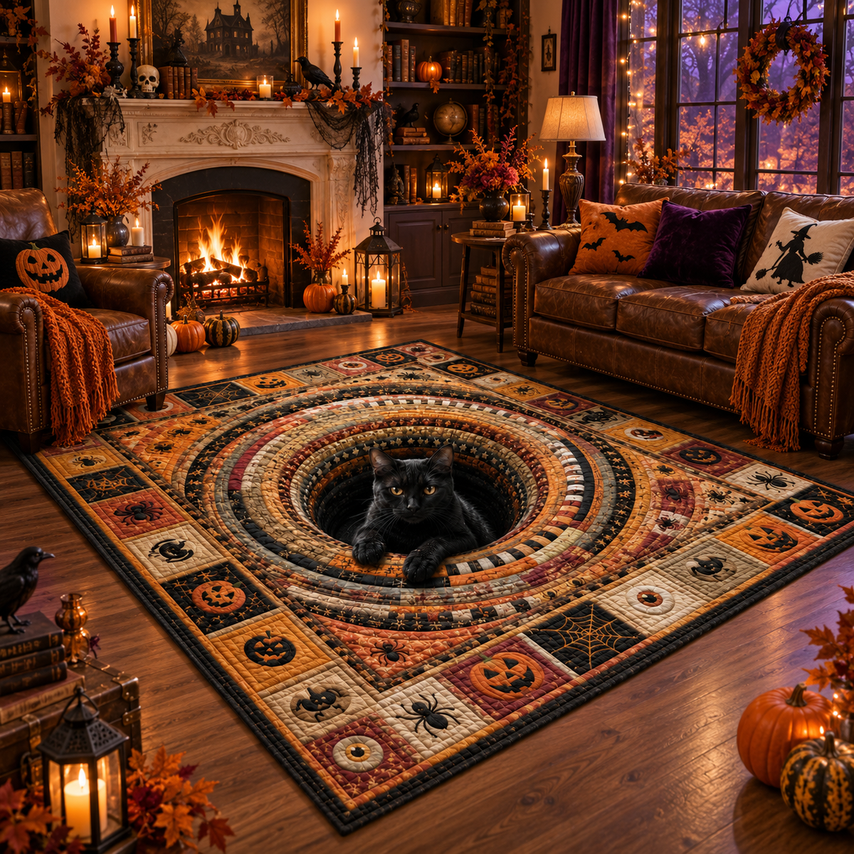 Optical Black Cat Halloween Area Rug