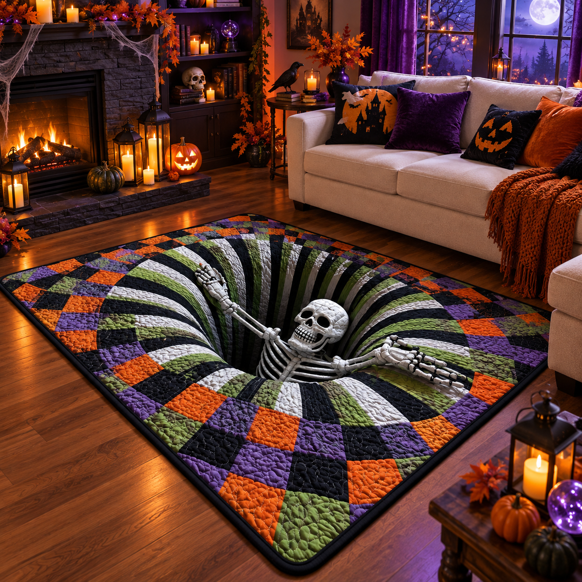 Optical Illusion Skeleton Hole Halloween Area Rug