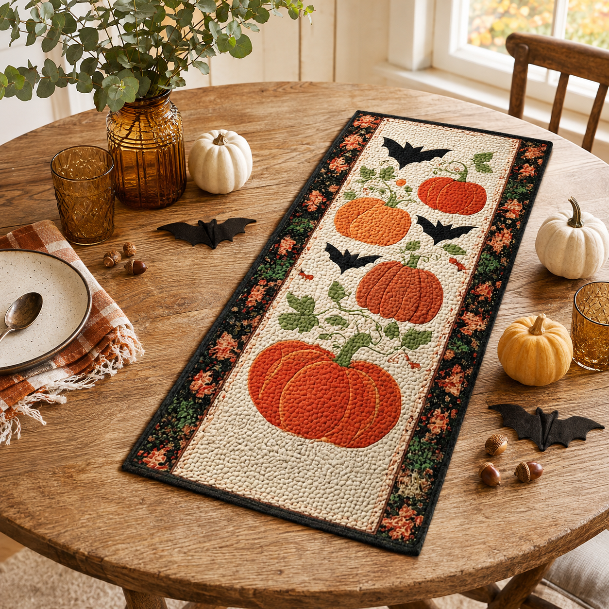 Orange Pumpkin Patch and Flying Bats Halloween Quilted Table Runner
