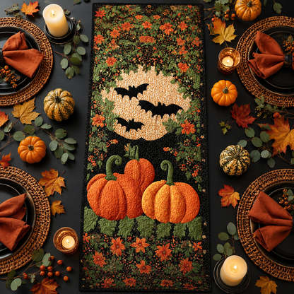 Orange Pumpkins and Floral Moon Bats Halloween Quilted Table Runner