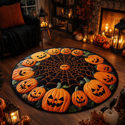 Orange Spiderweb Pumpkin Wreath Border Halloween Quilt Round Rug