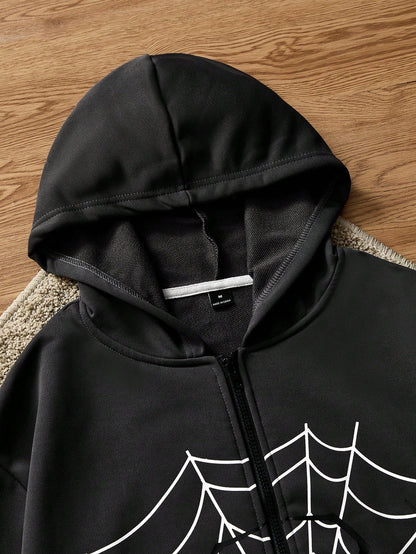 Oversized Spider Web Print Zip-Up Hoodie