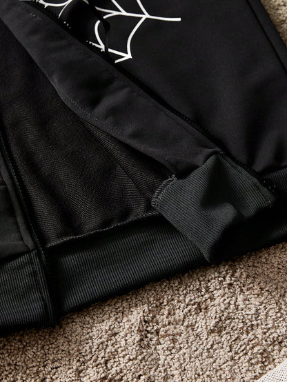 Oversized Spider Web Print Zip-Up Hoodie