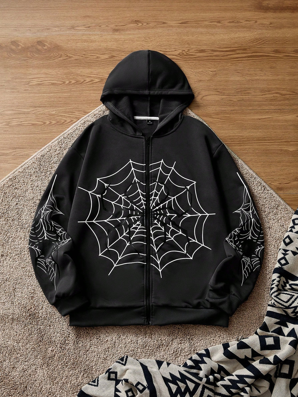 Oversized Spider Web Print Zip-Up Hoodie