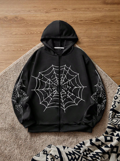Oversized Spider Web Print Zip-Up Hoodie
