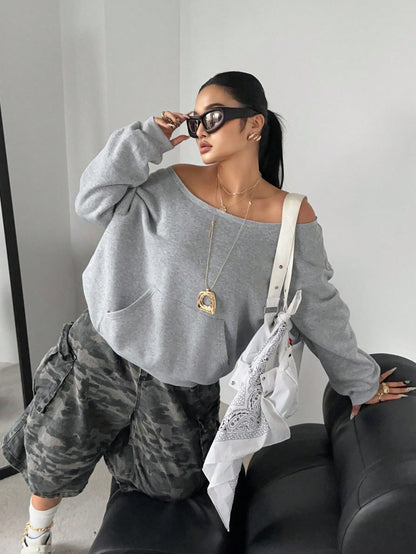 Fashionable Off Shoulder Thermal Lined Long Sleeve Casual Loose Fit Plus Size Sweatshirt