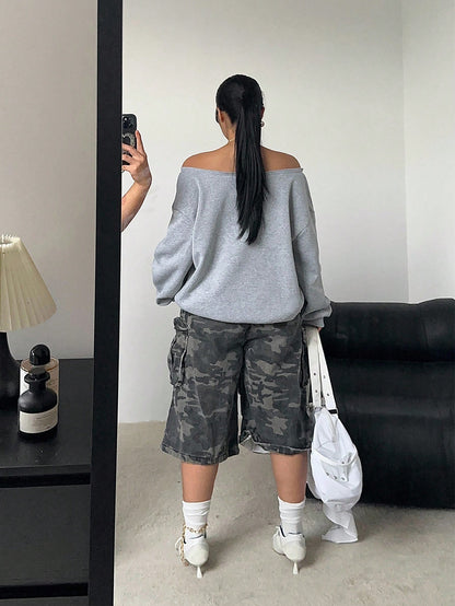 Fashionable Off Shoulder Thermal Lined Long Sleeve Casual Loose Fit Plus Size Sweatshirt