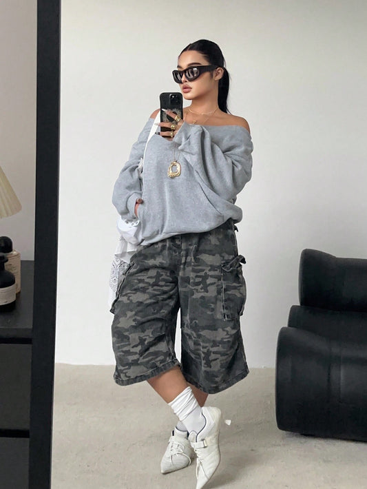 Fashionable Off Shoulder Thermal Lined Long Sleeve Casual Loose Fit Plus Size Sweatshirt