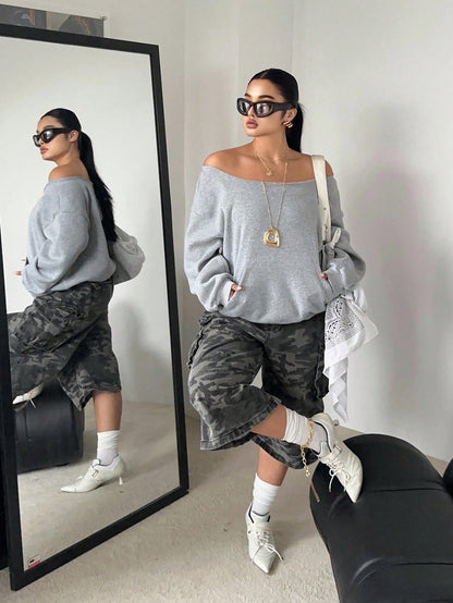 Fashionable Off Shoulder Thermal Lined Long Sleeve Casual Loose Fit Plus Size Sweatshirt