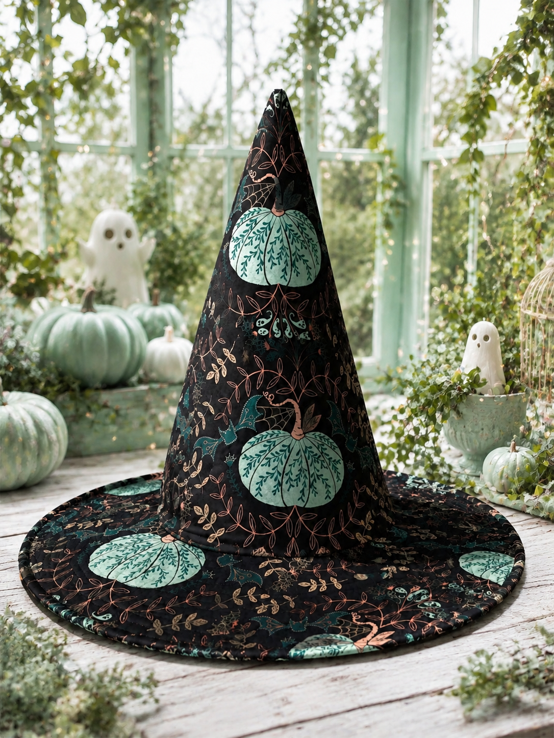 Pastel Green Pumpkin & Copper Vine Halloween Quilt Witch Hat
