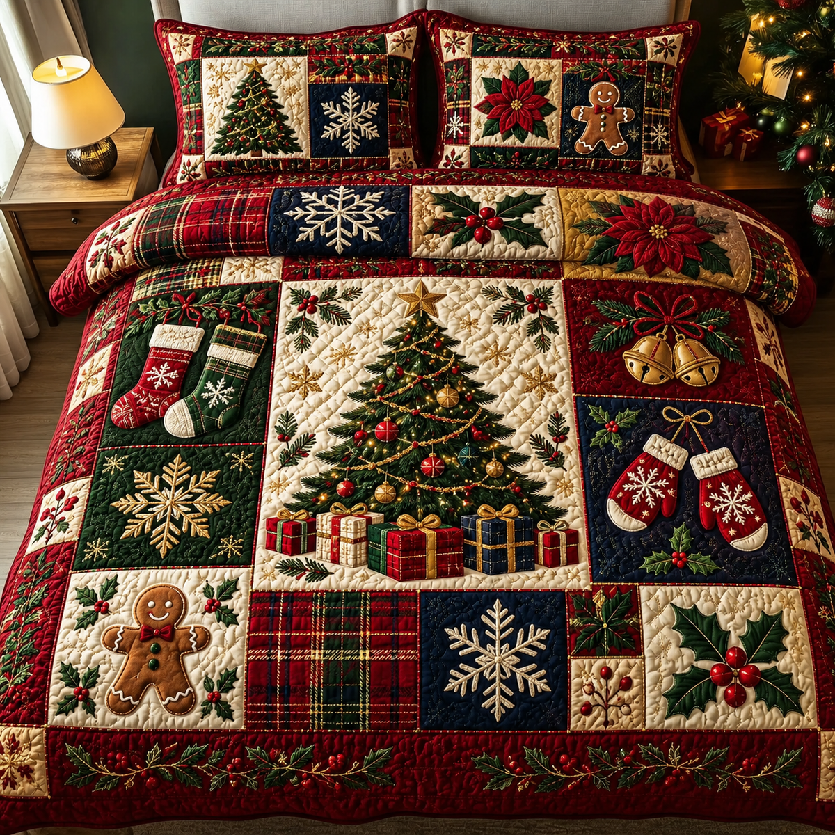 Patchwork Christmas Bedding Set Rustic Holiday Quilt Cover