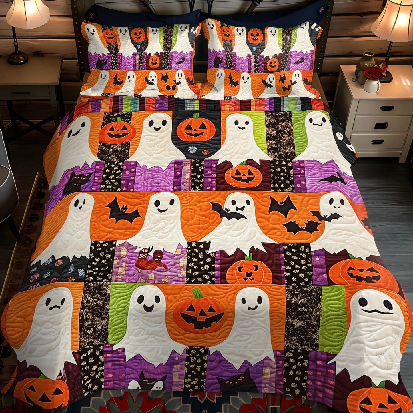 Patchwork Ghost Pumpkin Halloween Bedding Set