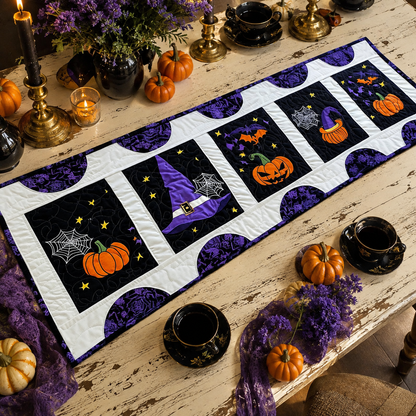 Patchwork Witch Hat Pumpkin Cobweb Halloween Quilted Table Runner