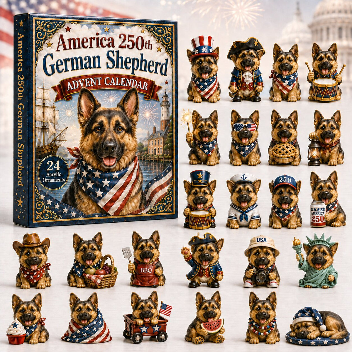 CHRISTMAS KICKOFF 40% OFF - Patriot Shepherd Advent Calendar 2026 - 24-Day Festive Countdown, Acrylic Charms Blind Box - Gift For Dog Lovers
