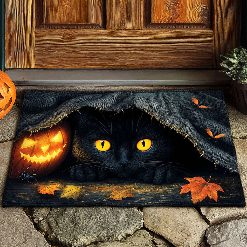 Peeking Black Cat & Pumpkin Halloween Gate Doormat