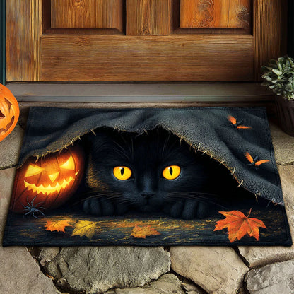 Peeking Black Cat & Pumpkin Halloween Gate Doormat