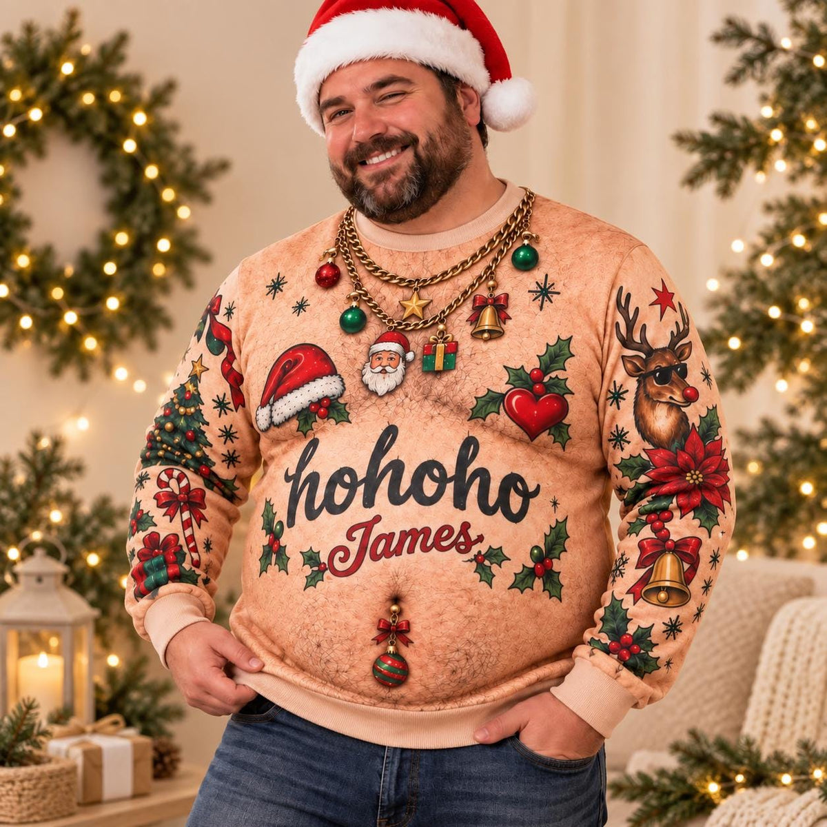 Personalized Hairy Chest Ugly Christmas Sweater