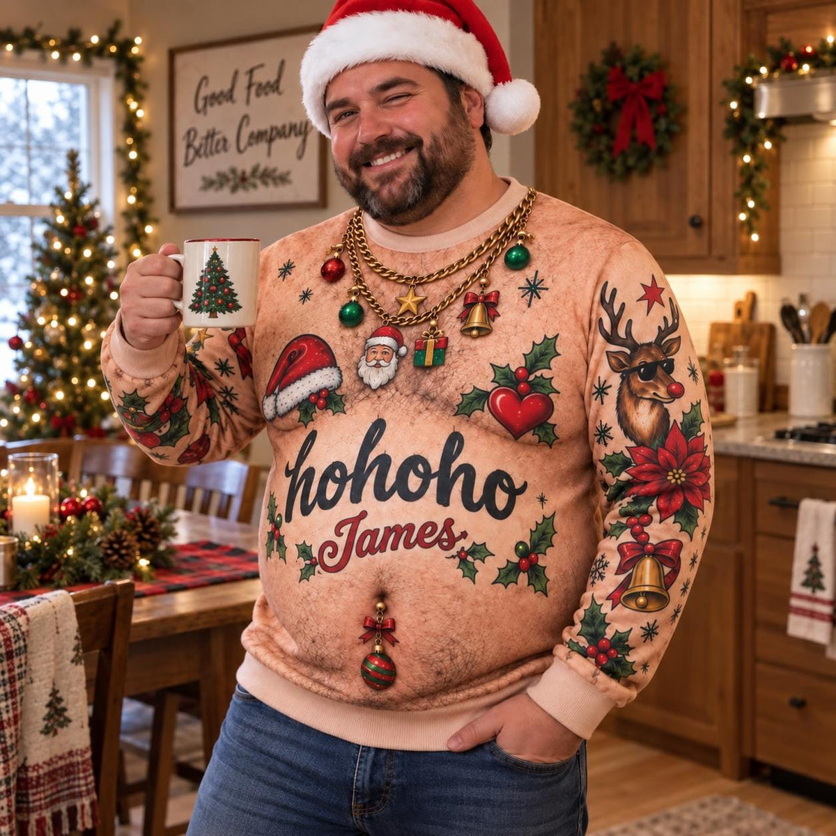 Personalized Hairy Chest Ugly Christmas Sweater