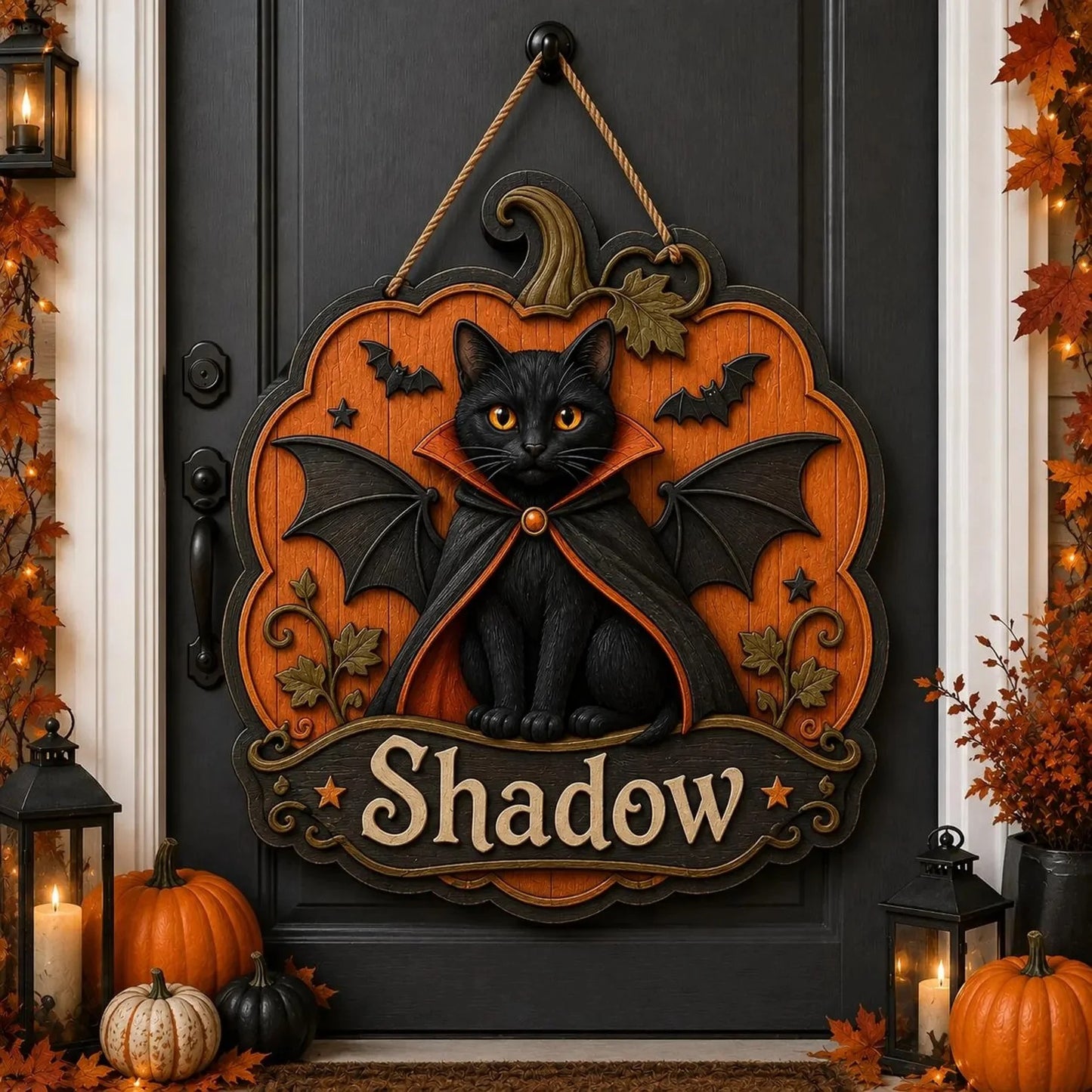 Personalized Halloween Black Cat Pumpkin Door Hanger Sign