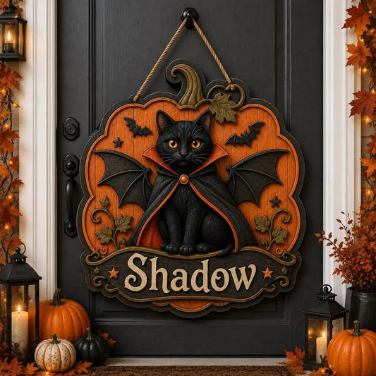 Personalized Halloween Black Cat Pumpkin Door Hanger Sign