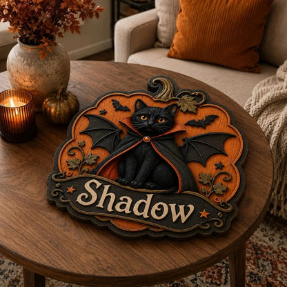 Personalized Halloween Black Cat Pumpkin Door Hanger Sign