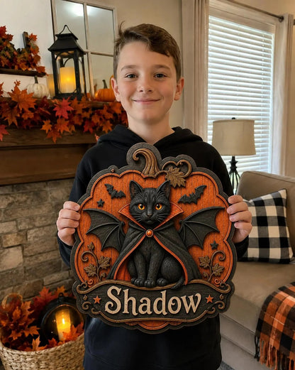 Personalized Halloween Black Cat Pumpkin Door Hanger Sign