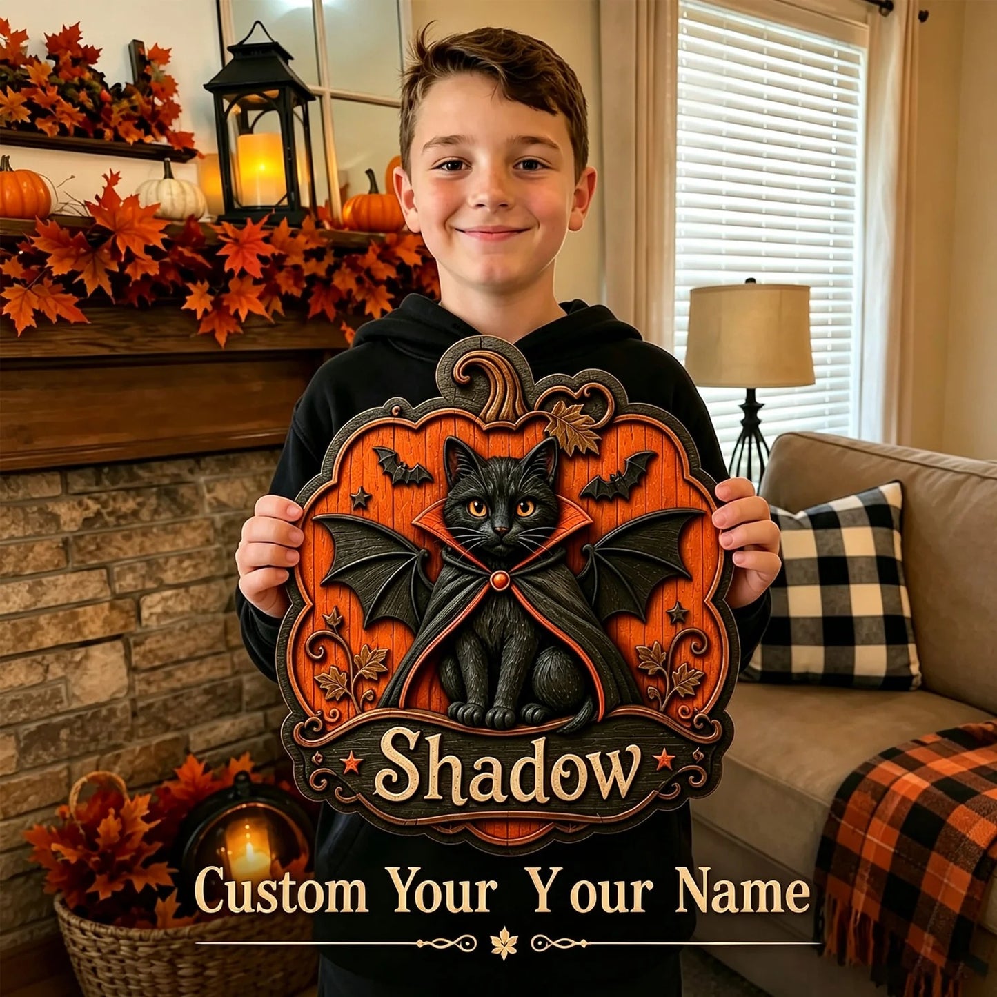 Personalized Halloween Black Cat Pumpkin Door Hanger Sign