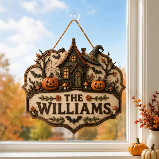 Personalized Halloween Family Name Cozy Cottage Wooden Door Sign