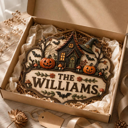 Personalized Halloween Family Name Cozy Cottage Wooden Door Sign