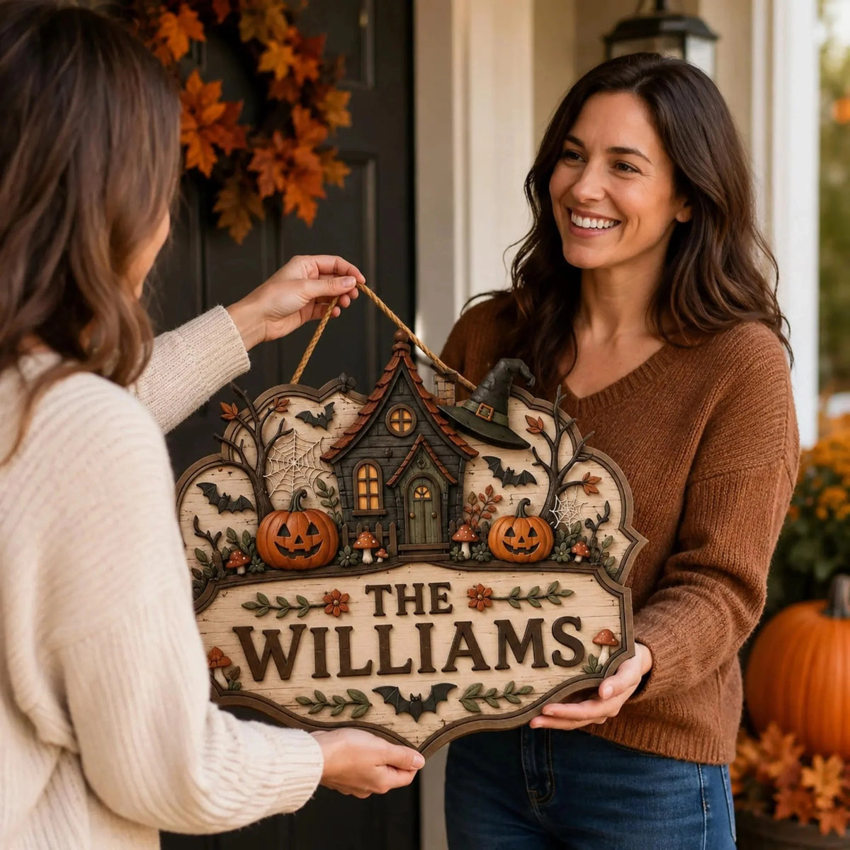 Personalized Halloween Family Name Cozy Cottage Wooden Door Sign