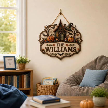Personalized Halloween Family Name Cozy Cottage Wooden Door Sign