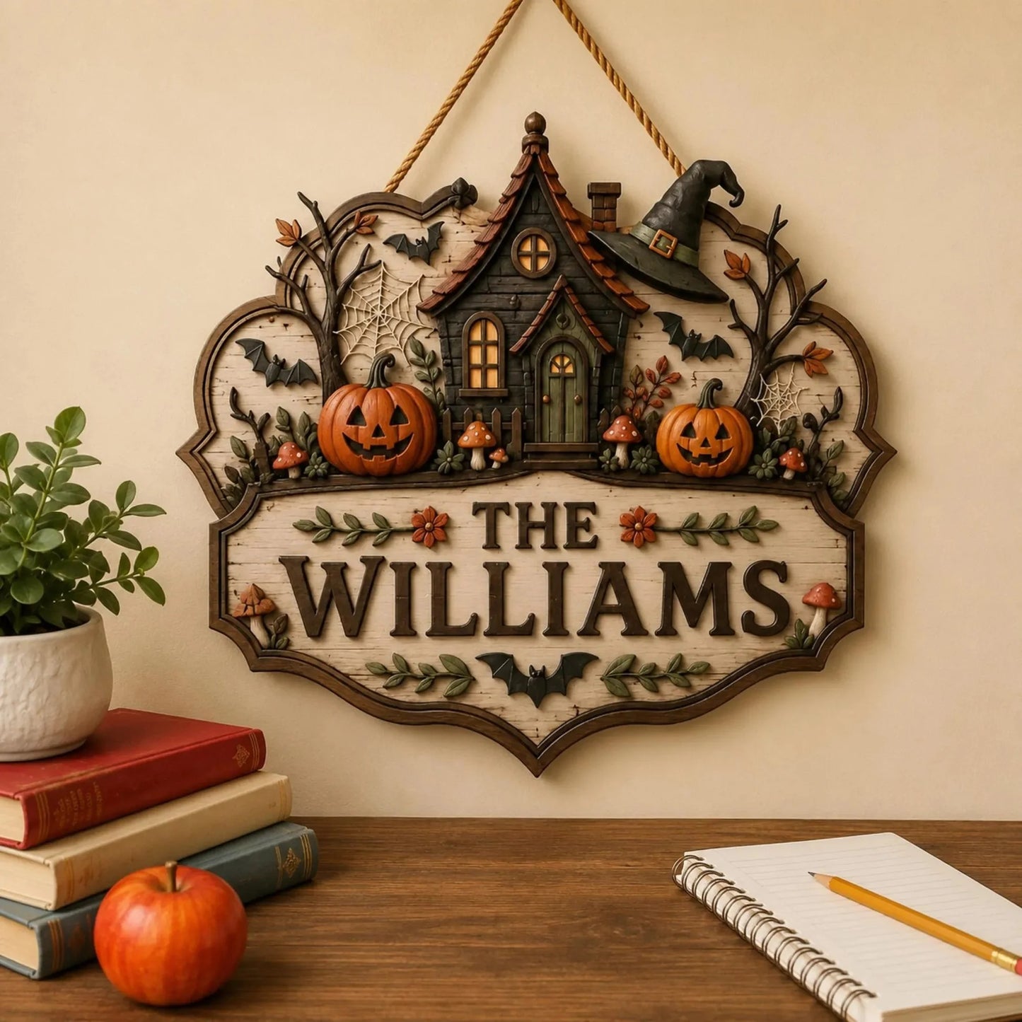 Personalized Halloween Family Name Cozy Cottage Wooden Door Sign