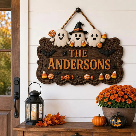 Personalized Halloween Family Sign Cute Ghost Welcome Door Decor