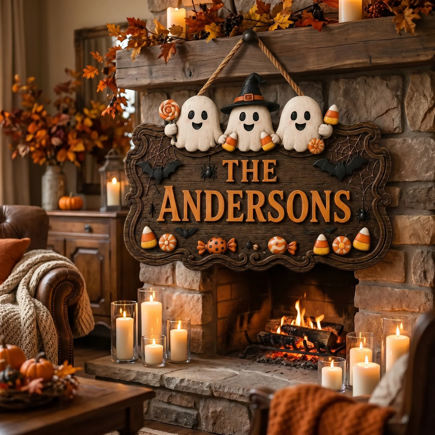 Personalized Halloween Family Sign Cute Ghost Welcome Door Decor