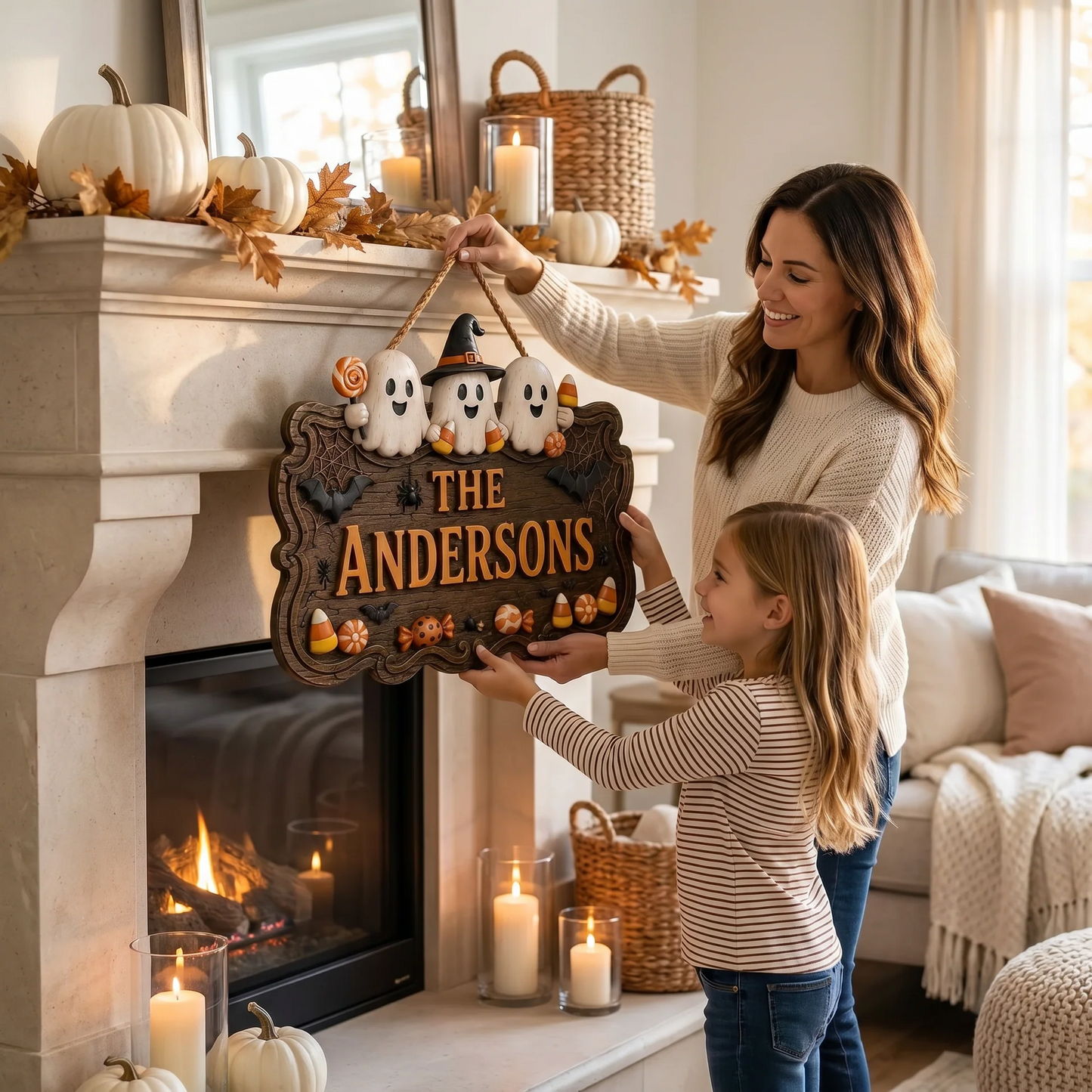 Personalized Halloween Family Sign Cute Ghost Welcome Door Decor