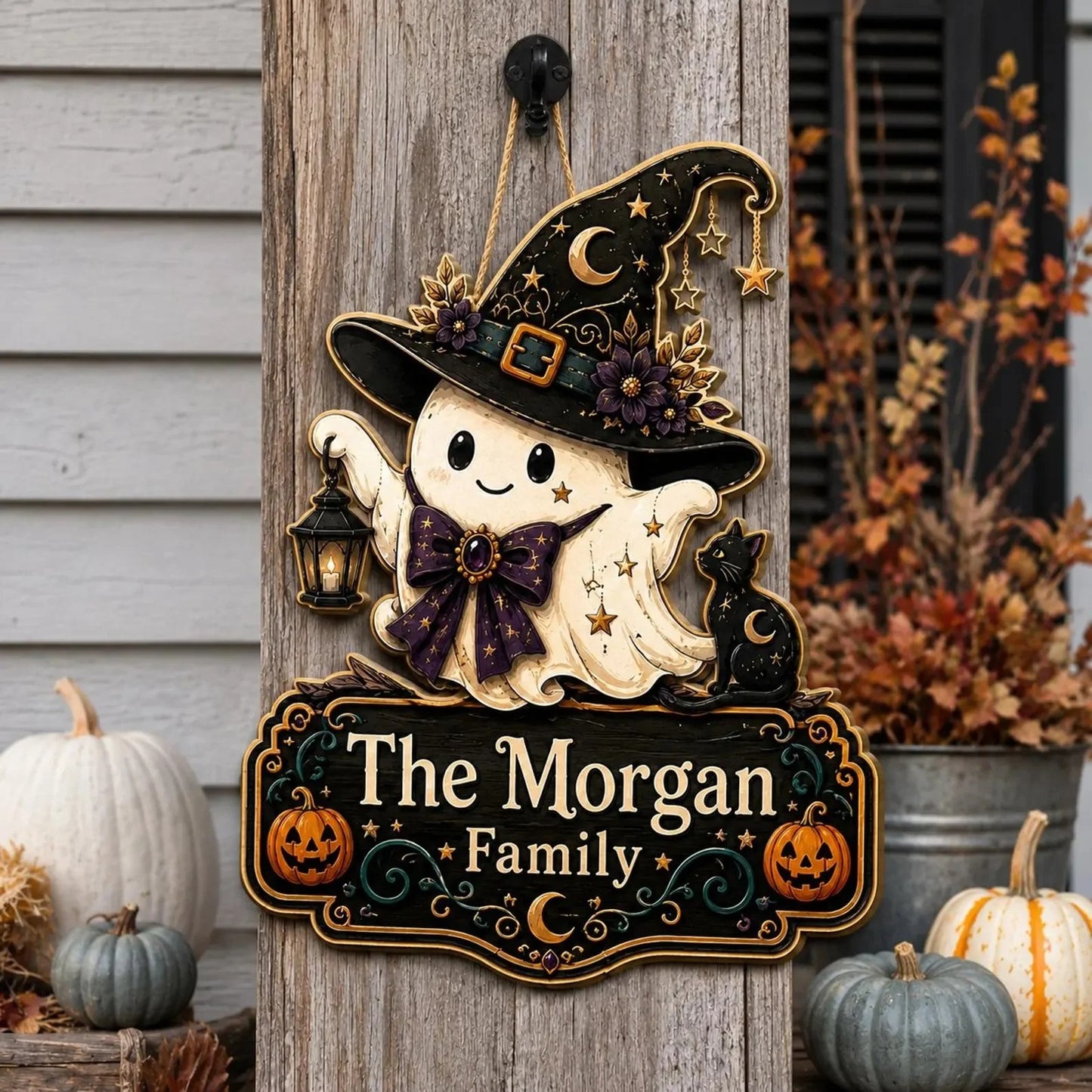 Personalized Halloween Ghost Family Name Hanging Door Sign
