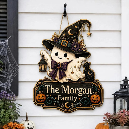 Personalized Halloween Ghost Family Name Hanging Door Sign