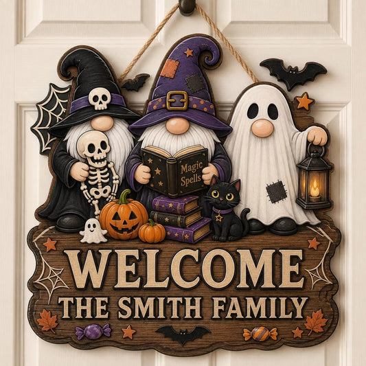 Personalized Halloween Gnome Welcome Family Name Door Hanging Sign