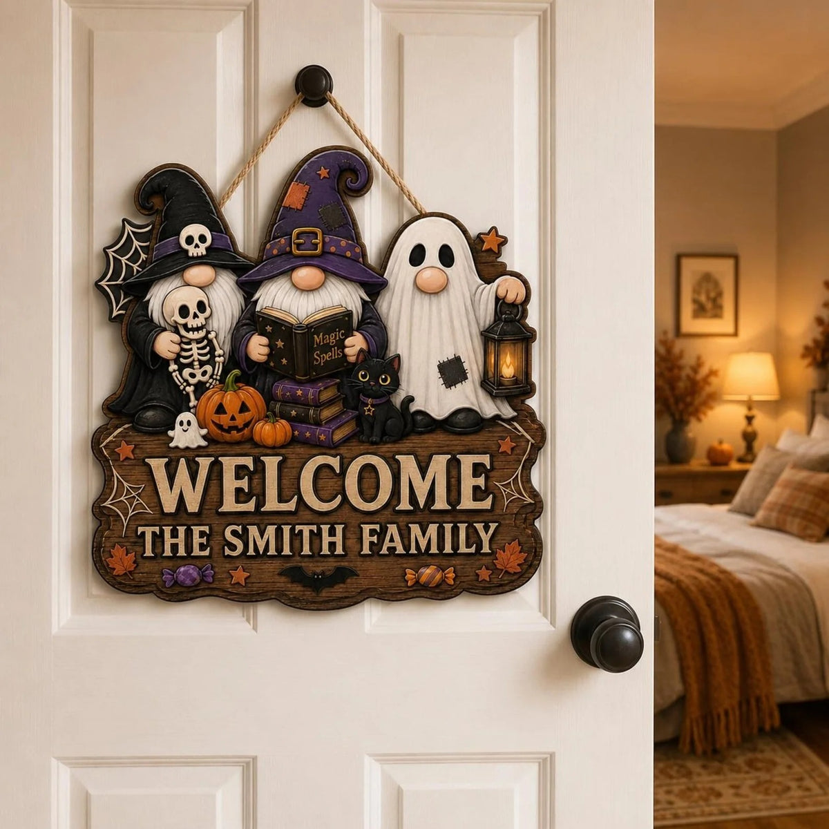 Personalized Halloween Gnome Welcome Family Name Door Hanging Sign