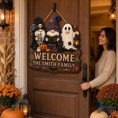 Personalized Halloween Gnome Welcome Family Name Door Hanging Sign