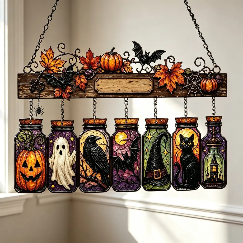 Personalized Halloween Stained Glass Mason Jar Window SunCatcher Hanging
