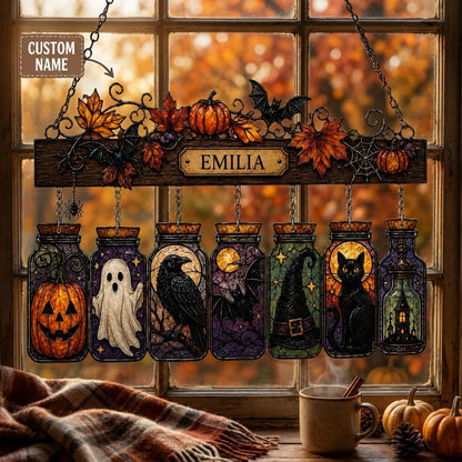Personalized Halloween Stained Glass Mason Jar Window SunCatcher Hanging
