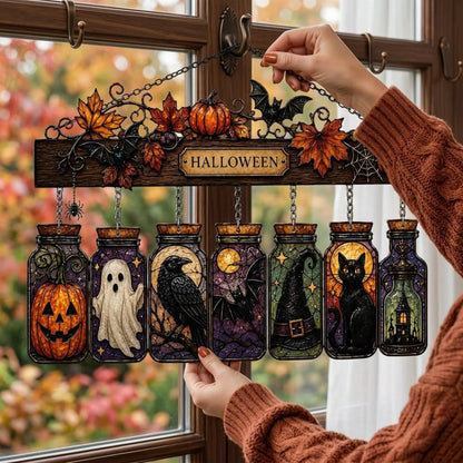 Personalized Halloween Stained Glass Mason Jar Window SunCatcher Hanging