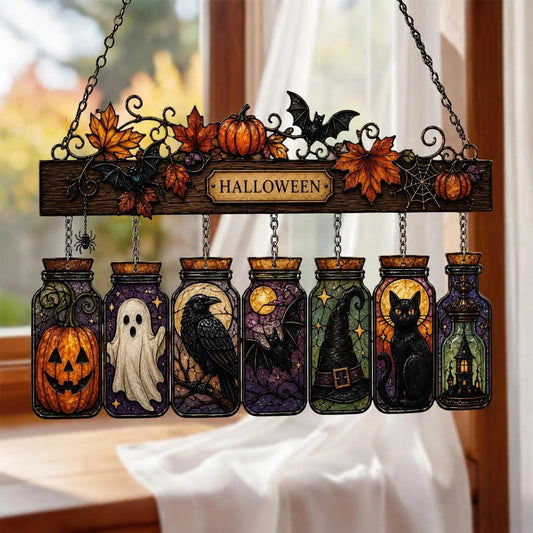 Personalized Halloween Stained Glass Mason Jar Window SunCatcher Hanging