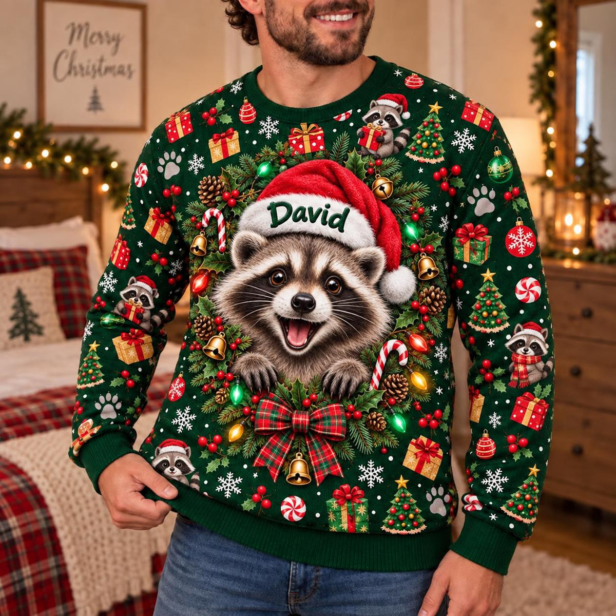 Personalized Raccoon Christmas Lights Sweatshirt