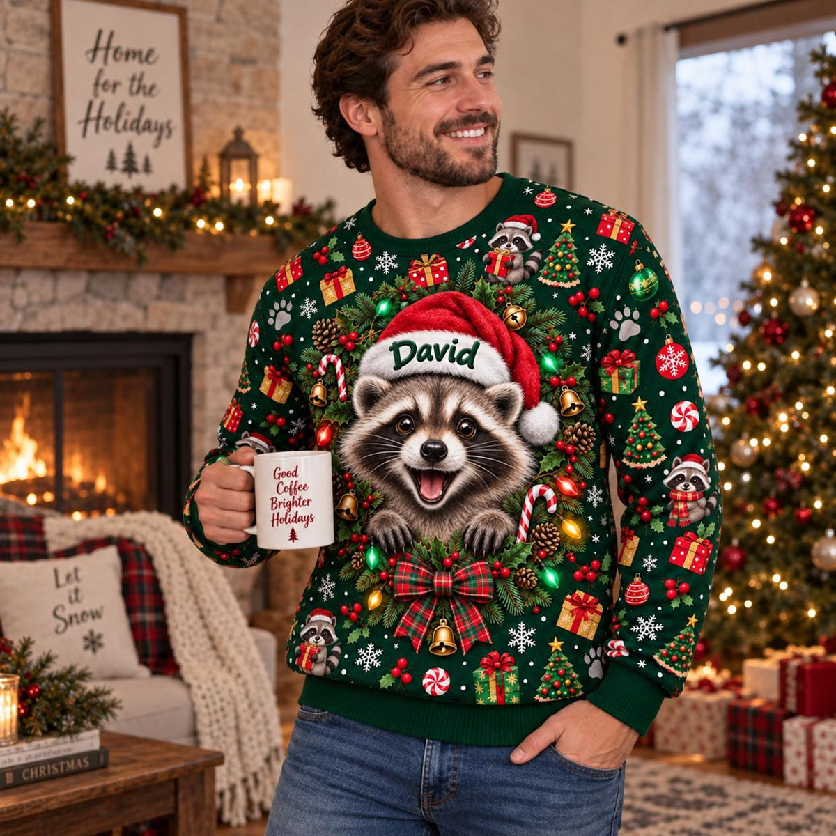 Personalized Raccoon Christmas Lights Sweatshirt